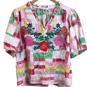 VOY Embroidered Multicolored Floral Puff Sleeve Top Ruffled Neckline Large